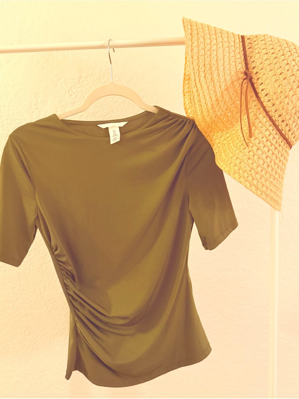H&M Olive Green Short Sleeve Ruched Side Top